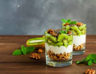 Delicious kiwi parfait with granola, yogurt, chia seeds, walnuts, and mint served in glasses