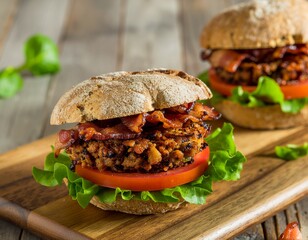 Delicious and hearty plant-based burgers with crispy faux bacon, fresh lettuce, and ripe tomatoes on whole-grain buns, served on a rustic wooden board, perfect for a wholesome meal