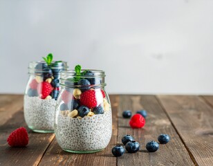 Fresh chia seed pudding in jars, layered with juicy blueberries, raspberries, strawberries, and crunchy nuts, perfect for a healthy and delicious breakfast or light dessert