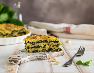 Hearty and healthy homemade vegan spinach and cashew layered bake, beautifully presented on a rustic wooden cutting board, offering a wholesome and delicious plant-based meal