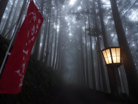 Foggy forest path with lantern and banner creates an atmospheric and mystical scene