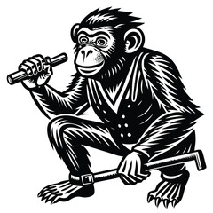 Fototapeta premium A fascinating chimpanzee using a tool, symbolizing intelligence, animal behavior, problem-solving, and nature.