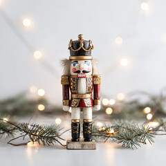 Traditional wooden nutcracker soldier stands proudly amidst festive holiday decorations and soft bokeh lights.