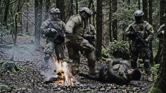 Imposing male soldiers in camouflage kick a bound captive in a dark, damp temperate forest with smoldering campfire, cinematic low-key lighting, handheld camera. Gritty war violence concept