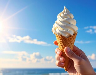 Hand holding a soft serve ice cream cone against a sunny beach background with clear blue skies