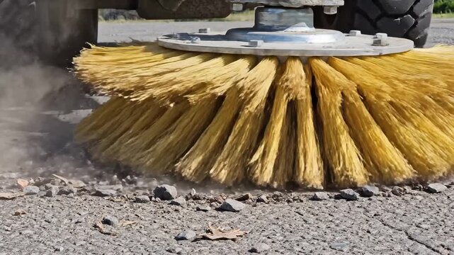 Street Sweeper Sweeping Asphalt Road With Rotating Brush