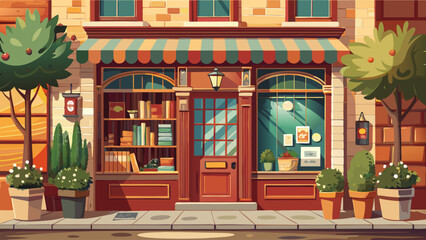 Fototapeta premium Realistic vector of a vintage bookstore on quiet street, wooden door, flowerpots, sunlight on windows, nostalgic city charm