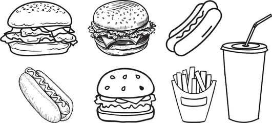A Fast Food Vector drawing line black white 