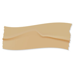 A single piece of tan colored adhesive tape with a torn edge and a realistic shadow cast on a white background