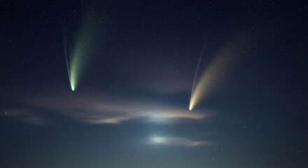Stunning view of a dual comet phenomenon, showcasing vibrant green and golden tails against a dark, cloudy, starry night sky