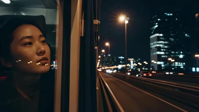 Thoughtful Young Asian Woman Looking out of a Car Window at the City Lights during a Night Journey Home