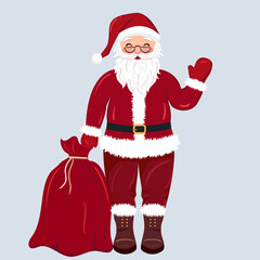 Jolly Santa Claus Waving Holding a Red Sack of Gifts