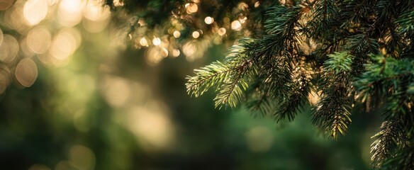 The spruce branch bathed in warm sunlight with bokeh forest background