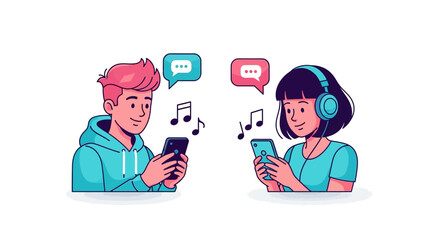 Two young people, a boy and a girl, are looking at their smartphones, with speech bubbles and musical notes floating between them.