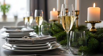 Fototapeta premium Elegant holiday table setting with champagne, candles, and festive greenery creates a warm, celebratory atmosphere for special occasions.