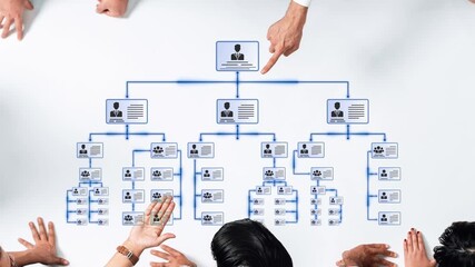 A dynamic scene showcasing diverse individuals engaged in a discussion over an organizational flowchart, highlighting collaboration and strategic planning in a business environment. Raster - Powered by Adobe
