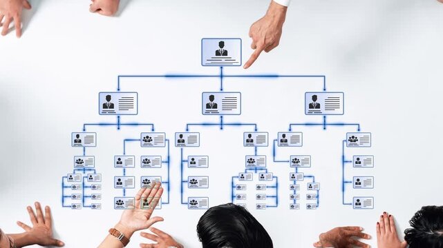 A dynamic scene showcasing diverse individuals engaged in a discussion over an organizational flowchart, highlighting collaboration and strategic planning in a business environment. Raster