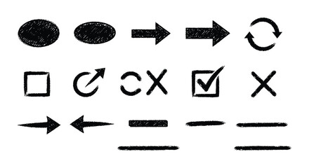 Collection of simple black and white icons and symbols displayed linearly