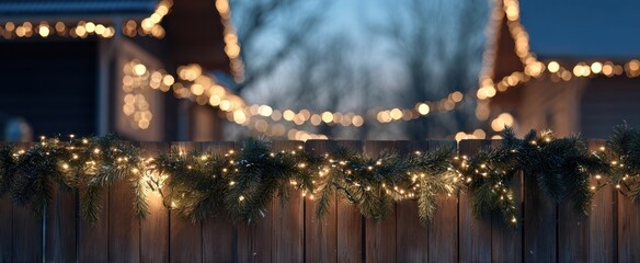 Obraz premium The Garland-Adorned Wooden Fence with Twinkling Bokeh Holiday Lights at Dusk