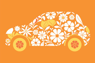 Floral car on orange background