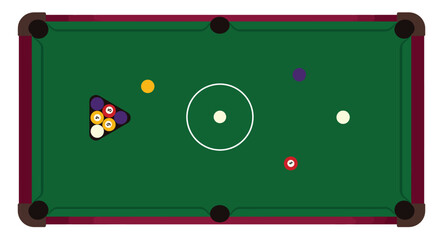 A top down view of a green billiards table with scattered balls © IMkM00i76