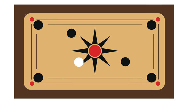 A top down view of a stylized carrom board with red and black pieces