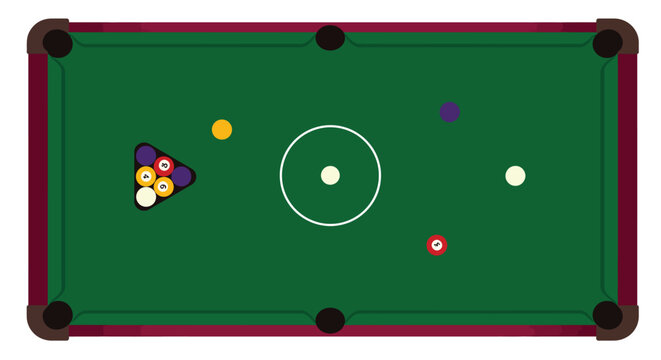 A top down view of a green billiards table with scattered balls