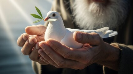 Noah holding a white dove with an olive branch. A biblical symbol of peace, hope, and God's promise after the great flood