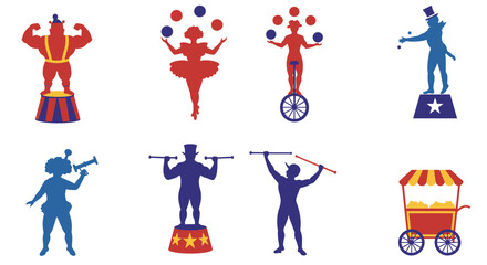 Colorful circus performers and elements depicting a lively big top show