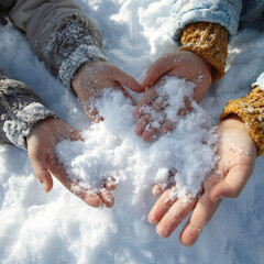 Hands gently holding freshly fallen snow on a bright winter day evoking feelings of joy and wonder.
