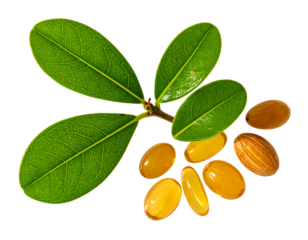Top View of Jojoba Plant Sprig with Seeds, Minimalist Botanical Composition, Isolated PNG