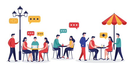 People socializing and communicating in an outdoor cafe setting