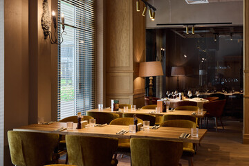 Elegant dining area with modern decor in a cozy restaurant