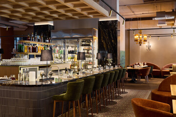 Elegant bar interior with stylish seating and organized shelves