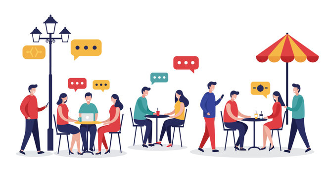 People socializing and communicating in an outdoor cafe setting