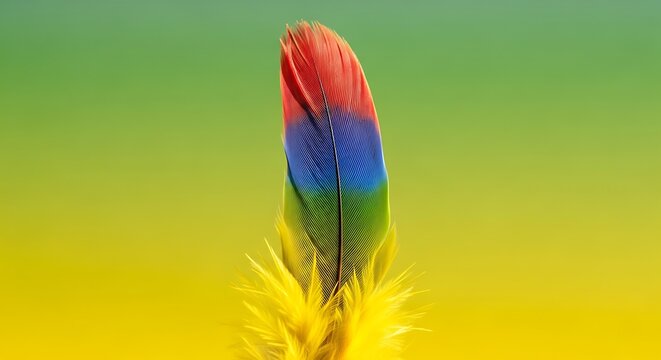 Vibrant feather exhibits red, blue, green, and yellow hues against soft background