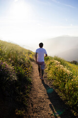 Naklejka premium Man jogging on dirt trail through spring wildflowers at sunrise