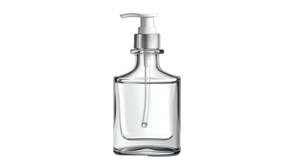 Rectangular glass dispenser filled with liquid, with a pump