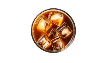 Iced beverage, overhead view, in a glass against black background