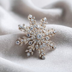Exquisite gold and diamond snowflake brooch resting on soft, luxurious fabric evokes winter elegance and timeless beauty.