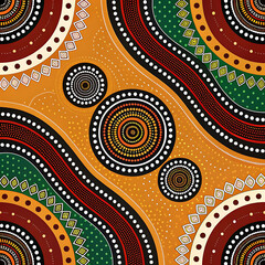 Aboriginal art painting with traditional symbols and patterns in earth tones