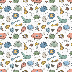 Seamless doodle pattern with blue clouds, cute arrows, hearts, circles, quirky shapes for decor design