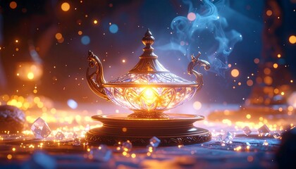 Mystical golden lamp on bejeweled platform