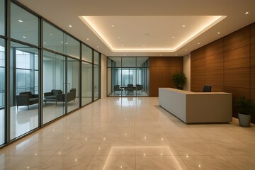 Modern Office Reception Area with Sleek Desk, Comfortable Seating, and Bright Lighting, Creating a Professional and Welcoming Atmosphere for Visitors