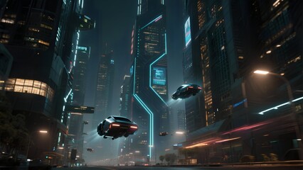 Futuristic Cityscape Flying Cars Amidst Gleaming Skyscrapers in a Cyberpunk Metropolis, a Dystopian Vision with Neon Lights