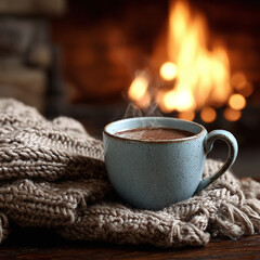 Warm beverage rests peacefully beside a crackling fireplace creating a cozy winter atmosphere indoors.