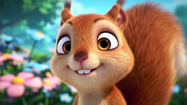 Animated squirrel smiles in a sunny garden, surrounded by flowers. Use for kids content