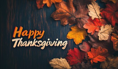 A dark wooden background with colorful autumn leaves scattered around and the text happy thanksgiving in an elegant script font