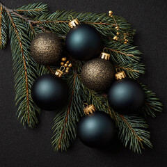 Elegant black and gold christmas ornaments arranged with fresh evergreen branches on a dark festive background.