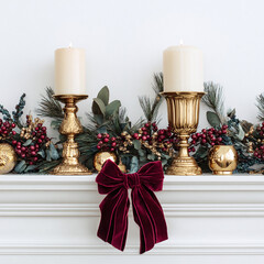 Elegant holiday mantel display with golden candlesticks, winter greenery, and a rich burgundy velvet bow creates a festive atmosphere.
